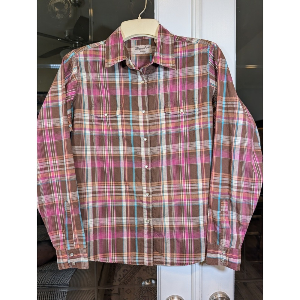 Wrancher by Wrangler Pearl Snap L/S Shirt Women's XL Pink Brown Blue